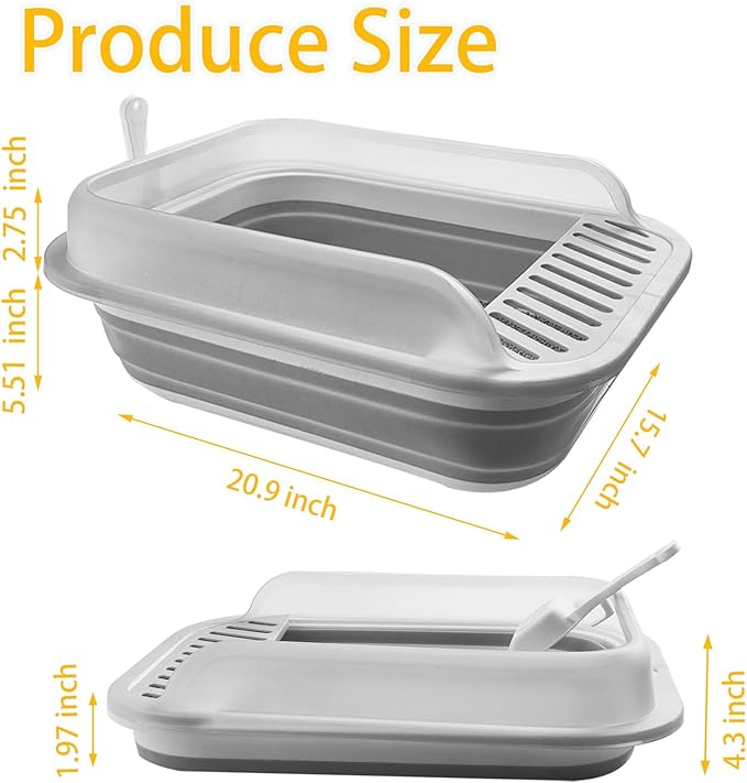 Open Cat Litter Box with High Side, 20.67 X 15.16 inch Anti-Splashing Kitty Litter Pan Collapsible Travel Litter Potty Pan Scoop Leak-Proof Pedal Cat Toilet No Smell Easy Clean (L Gray High Side)