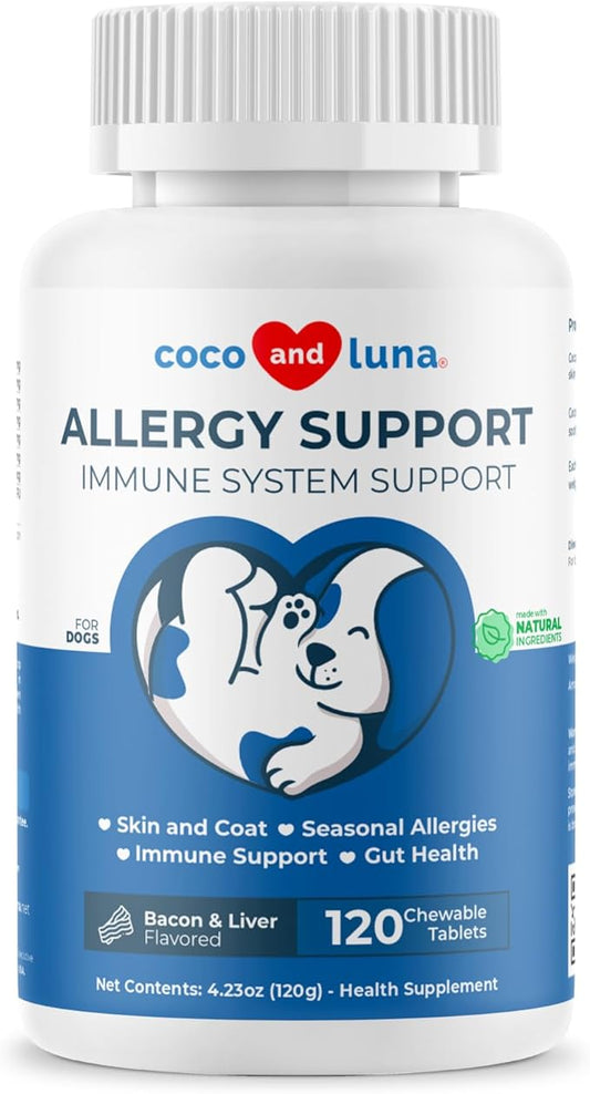 Allergy Support for Dogs - 120 Chewable Tablets - with Vitamin C, Omega 3 and Colostrum - Itch Relief, Allergy Relief for Dogs, Skin Soother - with Probiotics for Immune System Health