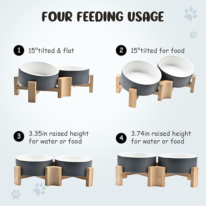 SPUNKYJUNKY 15° Slanted Ceramic Dog and Cat Bowl with Wooden Stand, Tilted Bulldog Food and Water Bowl No Slip Non-Spill for Cats Medium Dogs Big Face Pets 13.5 OZ (1.7 Cups, White-Grey × 2)