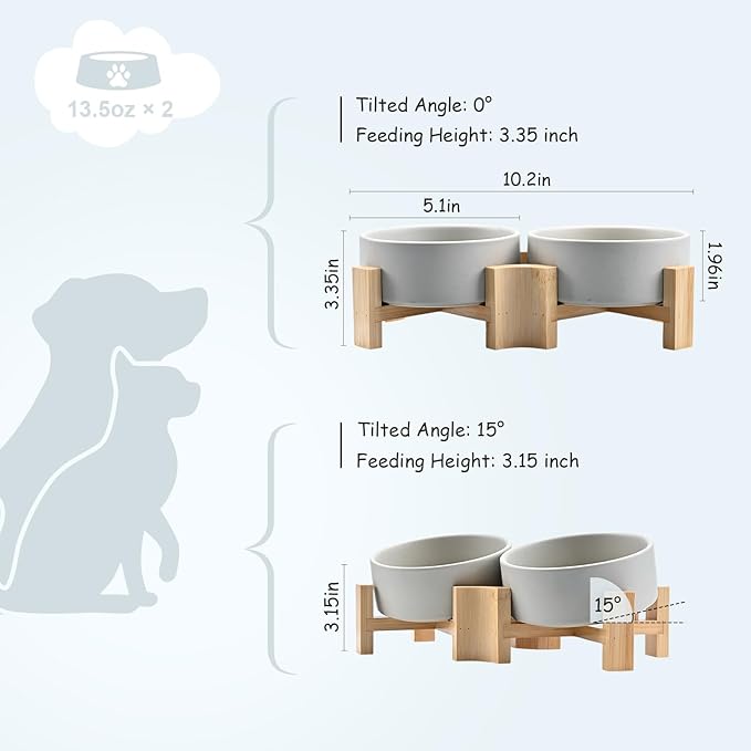 SPUNKYJUNKY 15° Slanted Ceramic Dog and Cat Bowl with Wooden Stand, Tilted Bulldog Food and Water Bowl No Slip Non-Spill for Cats Medium Dogs Big Face Pets 13.5 OZ (1.7 Cups, Grey × 2)