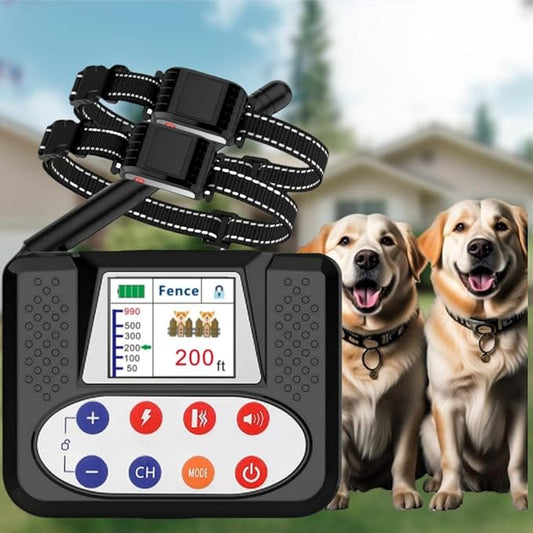 Wireless Dog Fence System, Electric Fence for Dogs with Big LCD Screen, 2 in 1 Portable Wireless Pet Perimeter for Outdoor, Pet Remote Training collar, Adjustable Collar for Big Medium Small Dogs