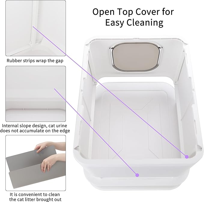 RIZZARI Cat Litter Box Stainless Steel Top-Entry : Leak-Proof Enclosed Design Reduces Odor, for Indoor Cats & Owners (White)