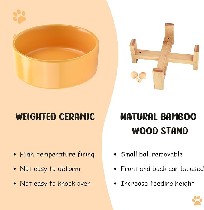 SPUNKYJUNKY 15° Slanted Ceramic Dog and Cat Bowl with Wooden Stand, Tilted Bulldog Food and Water Bowl No Slip Non-Spill for Cats Medium Dogs Big Face Pets 13.5 OZ (1.7 Cups, Yellow × 2)