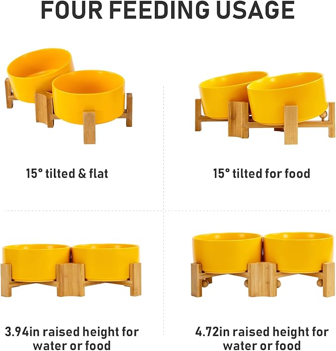 SPUNKYJUNKY 15° Slanted Ceramic Dog and Cat Bowl with Wooden Stand, Tilted Bulldog Food and Water Bowl No Slip Non-Spill for Cats Medium Dogs Big Face Pets 28.7 OZ (3.6 Cups, Yellow × 2)