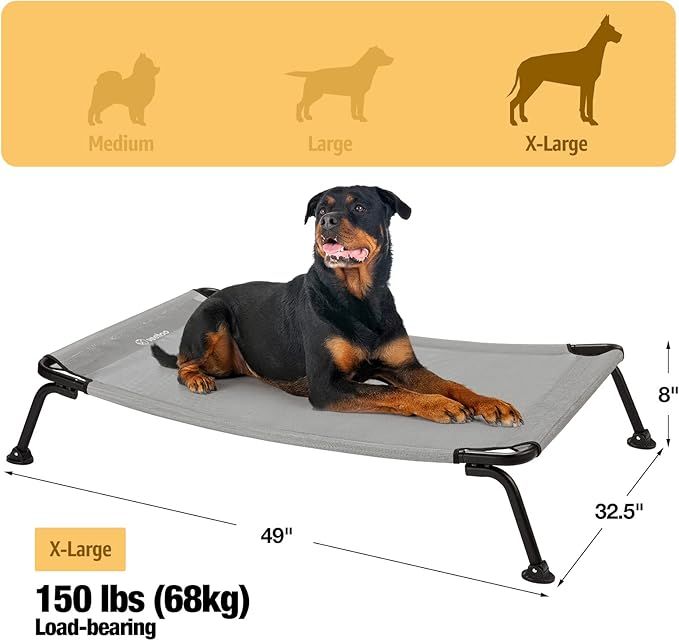 Veehoo Outdoor Elevated Dog Bed, Cooling Raised Dog Cot Bed XL, Portable Waterproof Curved Dogs Hammock Beds for Outside, up to 150lbs, Black Legs, Grey 49"