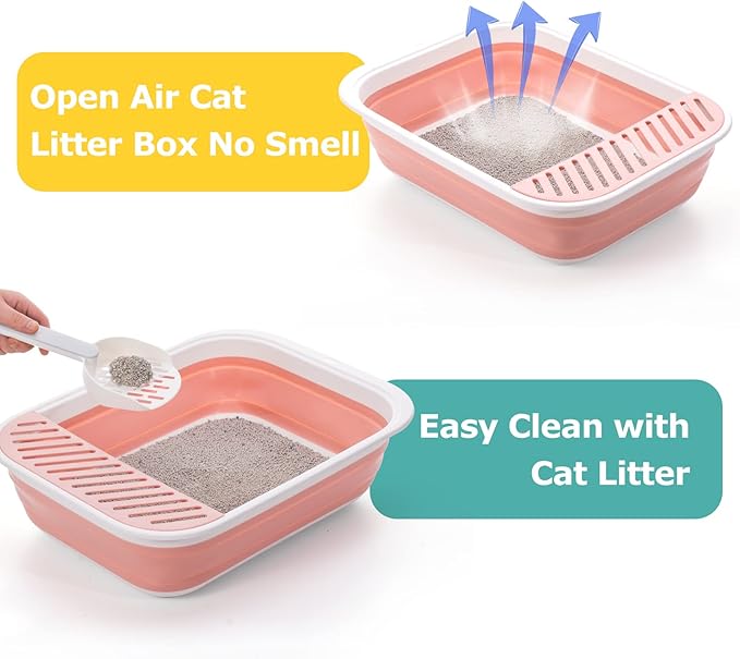Open Top Cat Litter Box, Large Foldable Cat Potty Height-Adjustable Sides Anti-Splash, Open Air Kitty Litter Pan No Smell, Cat Toilet Easy Clean with Cat Litter Scoop (Pink)