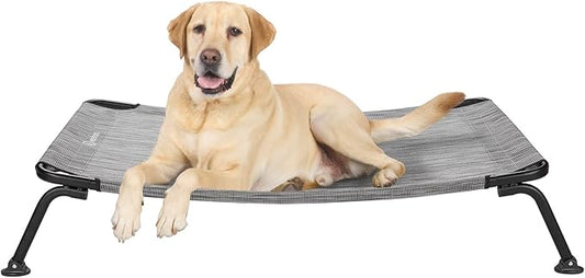 Veehoo Outdoor Elevated Dog Bed, Cooling Raised Dog Cots Beds for Large Dogs, Portable Waterproof Curved Dogs Hammock Bed for Outside, up to 120lbs, Black Legs, Black Silver 42"