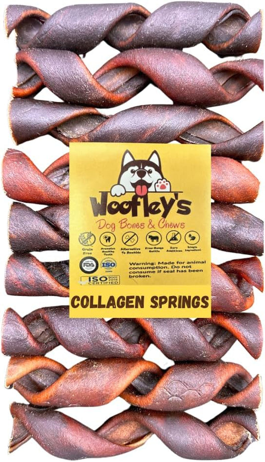 Woofley's 6 Inch Collagen Springs - 12 Count - Collagen Chews for Medium & Large Dogs - Bully Stick Spiral Rawhide Alternative