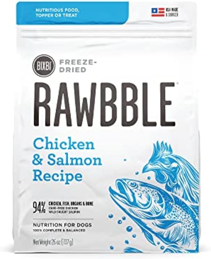 BIXBI Rawbble Freeze Dried Dog Food, Chicken & Salmon Recipe, 26 oz - 94% Meat and Organs, No Fillers - Pantry-Friendly Raw Dog Food for Meal, Treat or Food Topper - USA Made in Small Batches