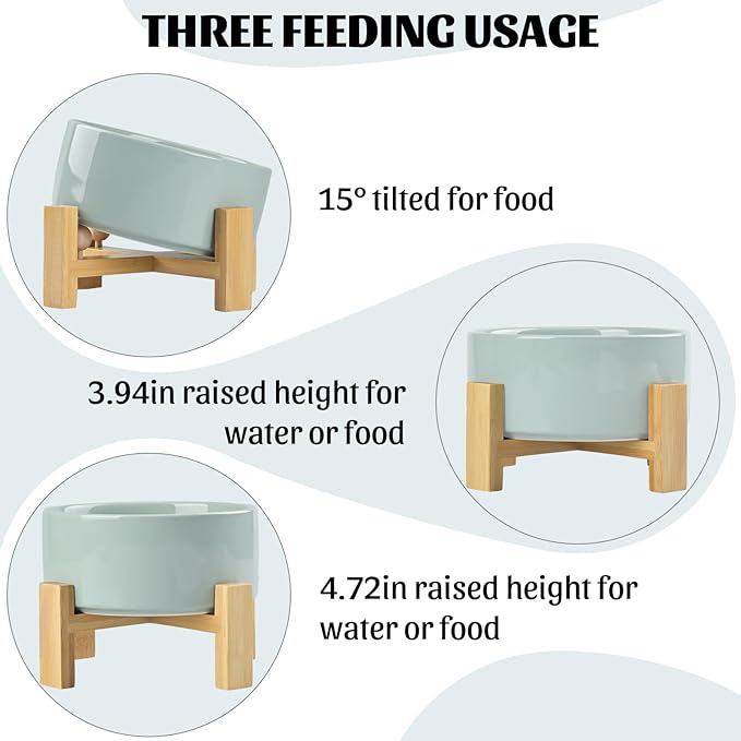 SPUNKYJUNKY 15° Slanted Ceramic Dog and Cat Bowl with Wooden Stand, Tilted Bulldog Food and Water Bowl No Slip Non-Spill for Cats Medium Dogs Big Face Pets 28.7 OZ (3.6 Cups, Morandi Green)