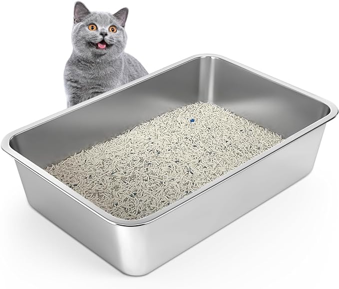 Stainless Steel Cat Litter Box, 6in Cat Litter Pan for Large Cats and Rabbits, Extra Large Metal Litter Box High Sides Odor Control Anti-Corrosion Nonstick