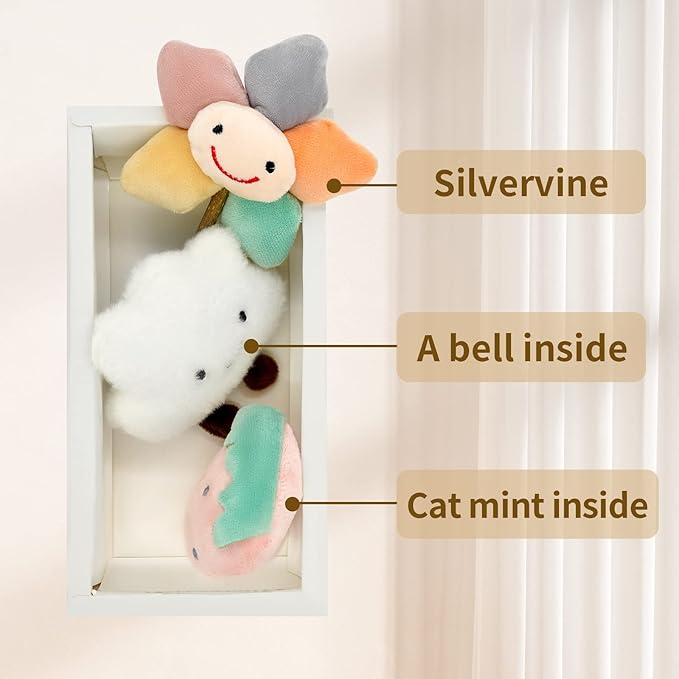 Kitten Chew Toys for Teething with Catnip – 3Pcs Bite Resistant Plush Cat Toys (Strawberry, Cloud Bell, Sunflower Stick)