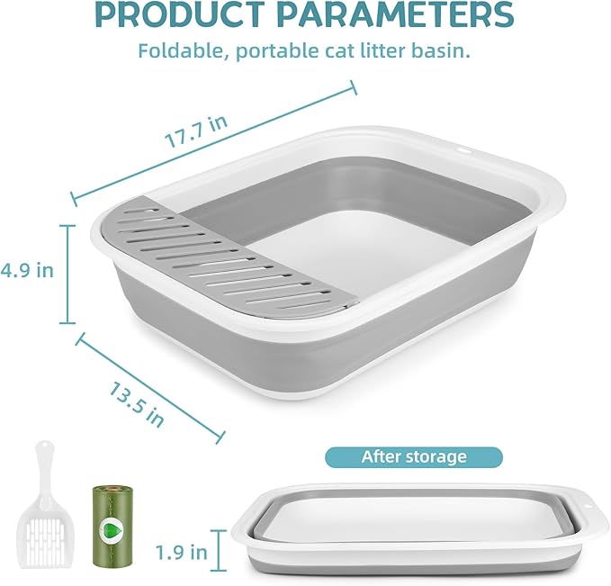 Collapsible Kitty Litter Box, ShineMe Open Top Cat Litter Tray with Scoop and Litter Bag, Anti-Splashing Waterproof Cat Toilet Potty Pan 17.7” x 13.5”, Grey