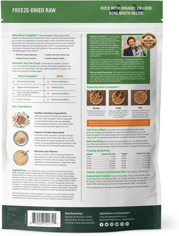 ULTIMATE PET NUTRITION Nutra Complete Bone Broth Infusions, 100% Freeze Dried Raw Veterinarian Formulated Dog Food with Antioxidants Prebiotics and Amino Acids (1 Pound, Bone Broth Duck)