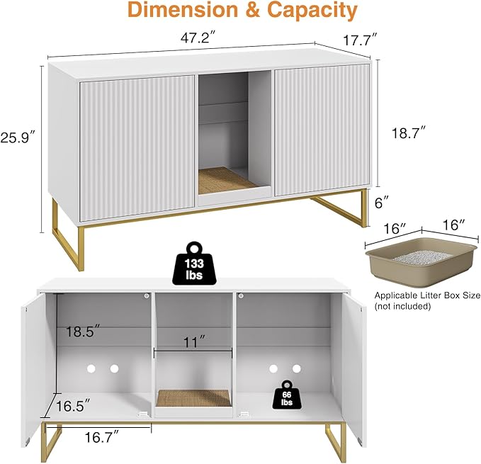 Litter Box Enclosure for 2 Cats, Fluted Hidden Cat Litter Box Furniture with Scratch Pad and Metal Legs, Modern Double Room Kitty House for Living Room, Washroom, 47.2”L x 17.7”W x 25.9”H, White