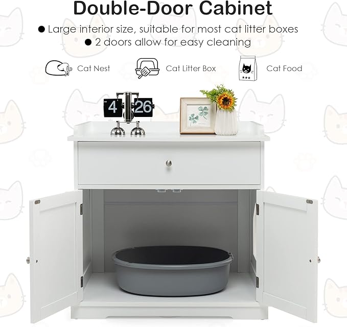 PETSITE Cat Litter Box Enclosure, Large Cat Washroom End Table with Drawer & 2 Doors, Wooden Cat House Storage Cabinet, Hidden Litter Box Furniture, White