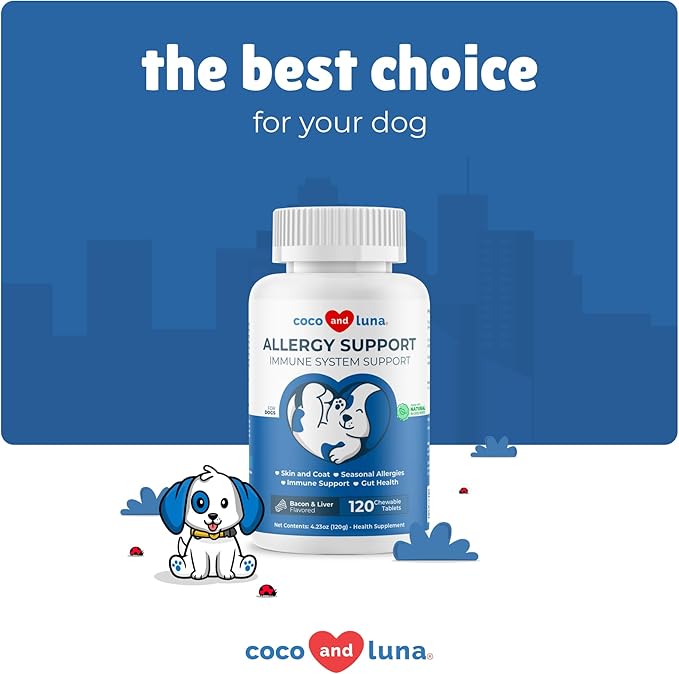 Allergy Support for Dogs - 120 Chewable Tablets - with Vitamin C, Omega 3 and Colostrum - Itch Relief, Allergy Relief for Dogs, Skin Soother - with Probiotics for Immune System Health