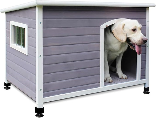 40" Wooden Outdoor Dog Houses, Waterproof Dog House Outside with Window & Door Flap Waterproof Dog House Outdoor Indoor, Assemble Easily-Grey