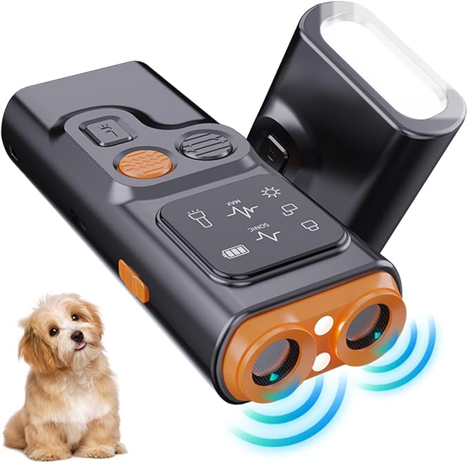 Ultrasonic Dog Bark Deterrent Device with LED Flashlight & Rechargeable Battery, 20ft Range Anti Barking Control for Indoor/Outdoor Use, Safe Alternative to Shock Collars（Classic Model）