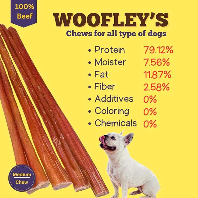Woofley's 12" Regular Sized Buffalo Bully Sticks - (12 Count) - Bully Sticks for Dogs - Long Lasting Bully Stick Dog Chews