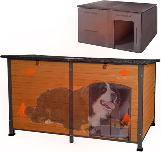 59" Extra Large Outdoor Dog House with Insulated Liner,Dog Kennel with All-Around Iron Frame,Weatherproof Dog Shelter for Small to Large Sizes Dog Kennel (Brown, L)