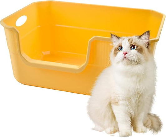 Large Low Entry Litter Box with High Sides,Plastic Cat Litter Pan Open Top Anti-Splashing Kitten Litter Box,Yellow Low Entrance Cat Toilet Easy to Clean