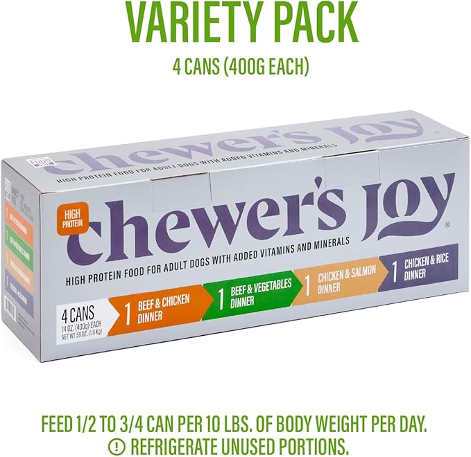 Chewer's Joy Wet Dog Food Variety Pack – 4 Flavors: Beef & Chicken, Chicken & Salmon, Chicken & Rice or Beef & Vegetables – Natural Pâté – High Protein – Complete Nutrition (14oz) – Pack of 4