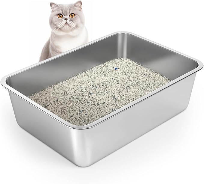 Stainless Steel Cat Litter Box, 6in Cat Litter Pan for Cats and Rabbits, Metal Litter Box High Sides Nonstick Odor Control Anti-Corrosion