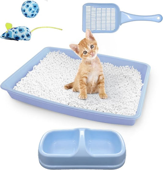 PAWISE Cat Litter Box Set, Small Cat Kitten Starter Kit, Include Cats Toilet Kitten Litter Pan, Cat Litter Scoop, Double Dish Cat Bowl, Cat Mouse Toy, Cat Ball Toy