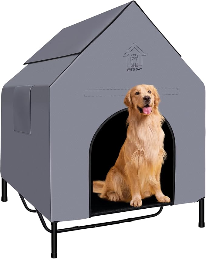 48'' Outdoor Dog Houses for Large Dogs Outside, Weatherproof Large Dogs House with Textilene Elevated Dog Bed, Breathable Dog Tent, Dog House Outdoor X-Large Breed with Windows and Sunshades