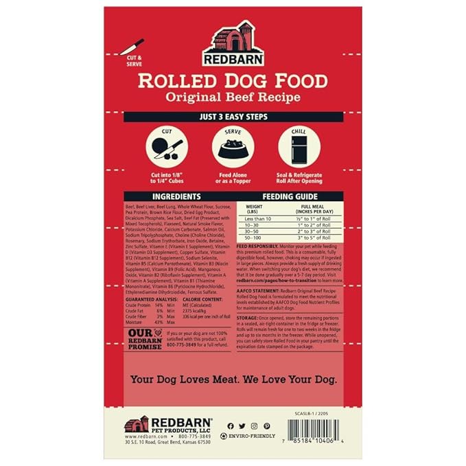 Redbarn Pet Products Premium Rolled Dog Food, Semi-Moist, Beef Recipe - High Protein Full Feed, Topper, Training Treat, or Pill Pouch - Balanced Meal with Functional Ingredients - 4 lb, 8 Rolls