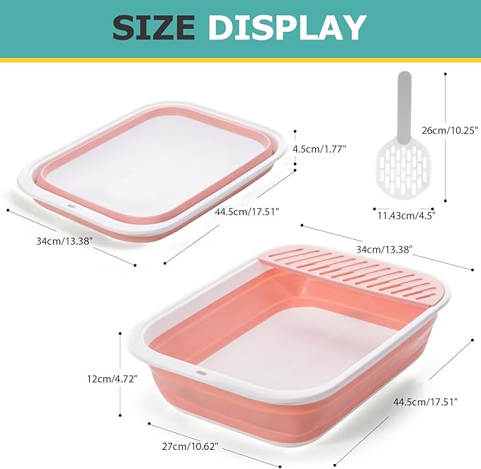 Open Top Cat Litter Box, Large Foldable Cat Potty Height-Adjustable Sides Anti-Splash, Open Air Kitty Litter Pan No Smell, Cat Toilet Easy Clean with Cat Litter Scoop (Pink)