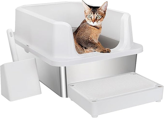 RIZZARI Large Stainless Steel Cat Litter Box: Open Top Leak-Proof Large Cat Pan - Odor Control for Indoor Multi-Cat Homes (White, 23.8" L*16" W*12" H)