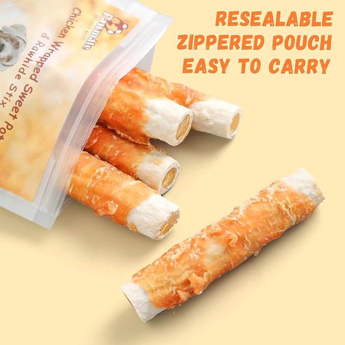Dog Treats Large Breed, Chicken Wrapped Rawhide Sticks with Sweet Potato Sandwich, Rawhide Dog Chews Training Rewards Snacks for Small Medium Large Dogs, 6-7 Counts, 10.6 oz