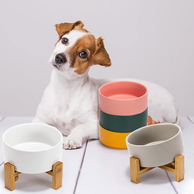 SPUNKYJUNKY 15° Slanted Ceramic Dog and Cat Bowl with Wooden Stand, Tilted Bulldog Food and Water Bowl No Slip Non-Spill for Cats Medium Dogs Big Face Pets 28.7 OZ (3.6 Cups, Beige)
