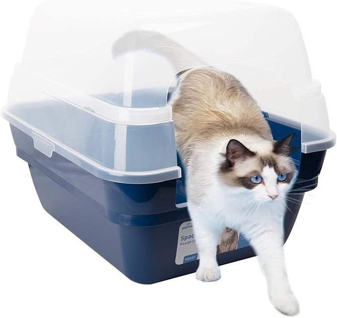 Petfamily Cat Litter Box, Large Foldable Jumbo Hooded Cat Litter Box with Transparent Lid (Navy Blue)