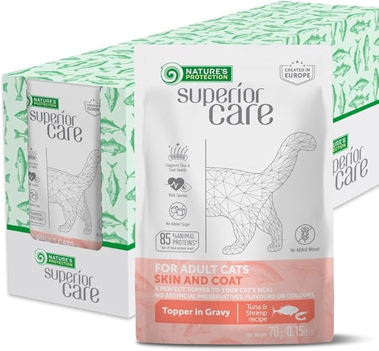 Nature's Protection Superior Care Wet Cat Food - Tuna Fish & Shrimp Cat Food Toppers for Adult Cats, Natural, High Protein, 2.46 oz. Pouches (24-Pack)