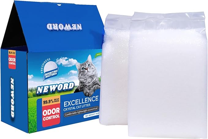 NEWORD Crystals Cat Litter Superior Odor Control 14 lbs Total (2 Pack of 7lb Bags) Soft-On-Paws Low Tracking Dust-Free White Silica Gel, Unscented