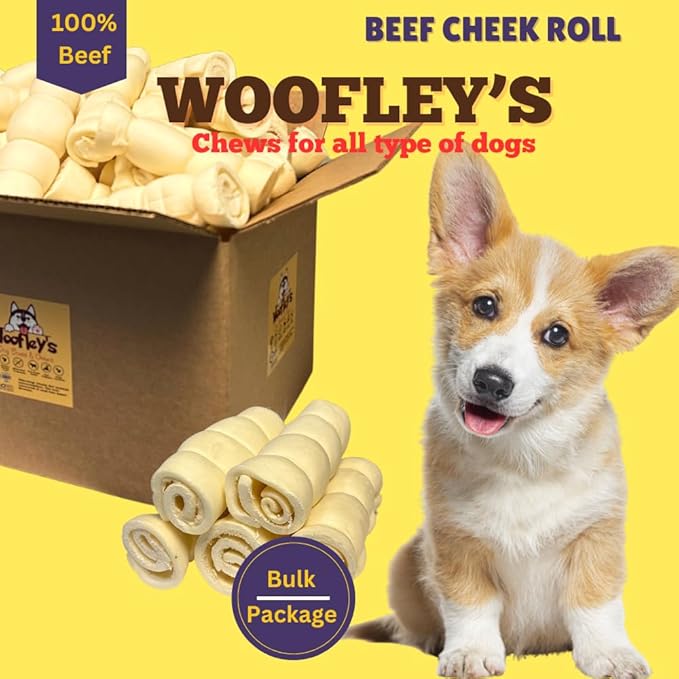 Woofley's 5-6" Buffalo Beef Cheek Roll -(100 Count)- Beef Cheek Rolls for Dogs - Long Lasting Natural Dog Chews