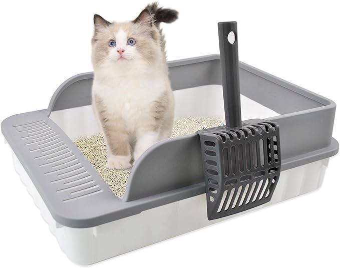 Open Cat Litter Box with High Side Anti-Splashing Cat Toilet with Litter Sifting Scoop Semi-Enclosed Kitten Litter Tray Pan Removable Prevent Sand Leakage Deodorizing Easy to Clean(Grey)