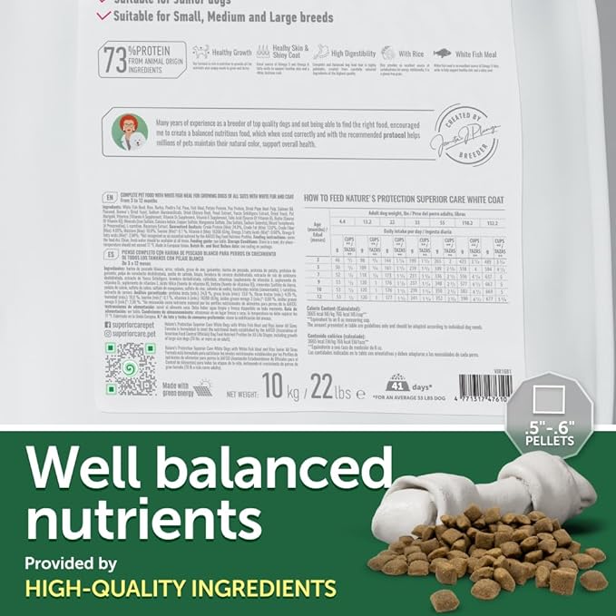 Nature's Protection Superior Care White Dogs Rice Based Dry Dog Food - High Protein, Tear Stain Dog Food for All Breeds Light Coated Puppies, Fresh Pet Meal, White Fish, 22 lb