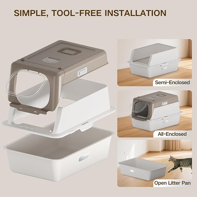 Stainless Steel Cat Litter Box with Lid, XX-Large Extra Large Litter Boxes for Large Cats,Enclosed Removable Metal Kitty Litter Box with High Sided,Magnetic Door,40L Box, Litter Trap Step/Mat