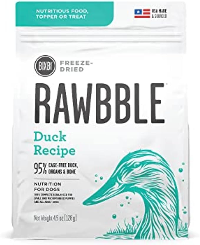 BIXBI Rawbble Freeze Dried Dog Food, Duck Recipe, 4.5 oz - 95% Meat and Organs, No Fillers - Pantry-Friendly Raw Dog Food for Meal, Treat or Food Topper - USA Made in Small Batches