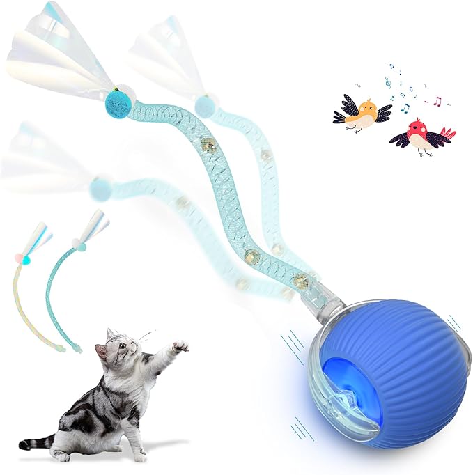 Interactive Cat Toys for Indoor Cats, Interactive Cat Ball Toy with Elastic Mesh Tail, Automatic Cat/Kitten Toys with Chirping & Motion Activate, Cat Toys for Bored Indoor(Blue)