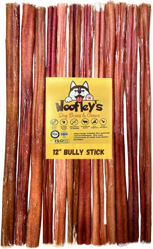 Woofley's 12" Regular Sized Buffalo Bully Sticks - (12 Count) - Bully Sticks for Dogs - Long Lasting Bully Stick Dog Chews