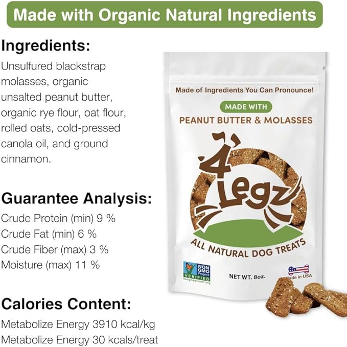 Organic Peanut Butter & Molasses Dog Treats – Healthy, Crunchy, Vegan Biscuits with Whole & Real Ingredients – All Natural & USA‐Baked, 7 oz