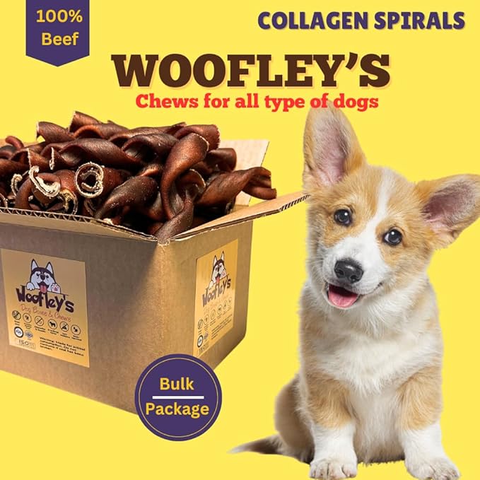 Woofley's 6 Inch Collagen Springs for Dogs - 100 Count - Collagen Chews - Bully Stick Spiral Rawhide Alternative - Medium & Large Dogs