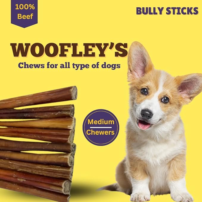 Woofley's 6" Regular Sized Buffalo Bully Sticks - (25 Count) - Bully Sticks for Dogs - Long Lasting Bully Stick Dog Chews