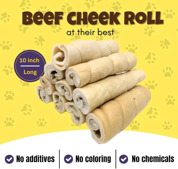 Woofley's 9-10" Buffalo Beef Cheek Roll - (5 Count)- Beef Cheek Rolls for Dogs - Long Lasting Natural Dog Chews