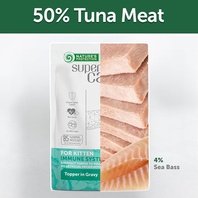 Nature's Protection Superior Care Wet Cat Food - Tuna Fish & Sea Bass Wet Cat Food Toppers for Kittens, Natural, High Protein, 2.46 oz. Pouches (24-Pack)